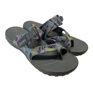 Skechers Women’s Size 9 Slip On Sandals Gray Tropical Print Adjustable Straps